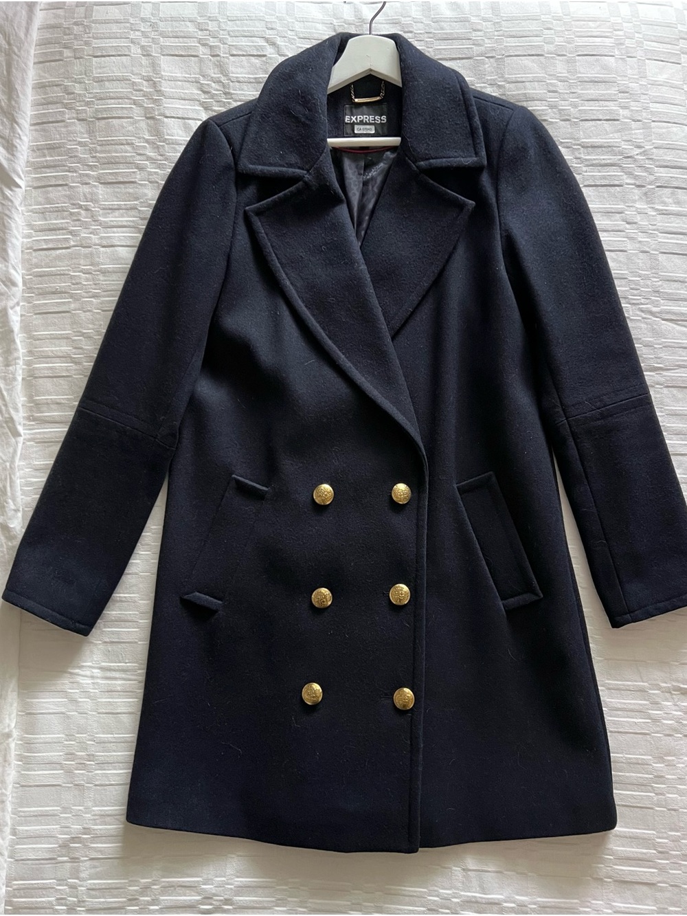 EXPRESS Wool Double-Breasted Navy Coat with Gold Buttons Size Small